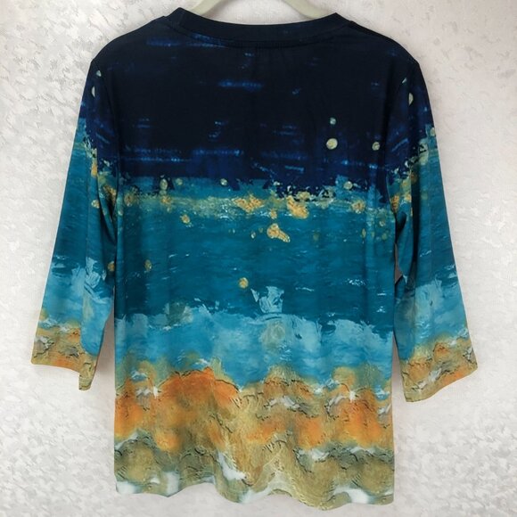 Exclusive Geometric Ombré Multicolor Boho 3/4 Sleeve Tie Dye Pullover Top - Picture 2 of 12